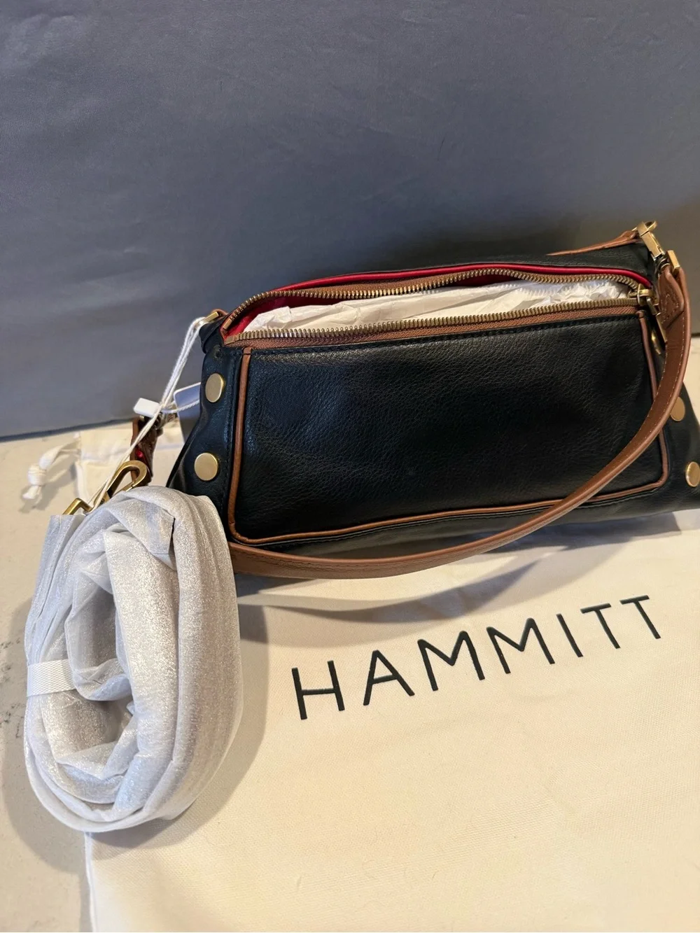 Hammitt Black Leather Messenger Bag with Brown Trim